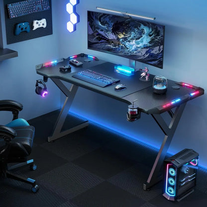 Ergonomic 47 Inch PC Workstation with Carbon Fiber Surface plus Gaming Desk with LED Lights,