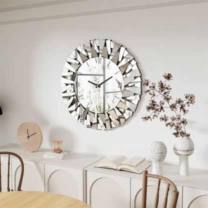 Large Mirrored Wall Clock 3D Sunburst pattern 32"/80CM Round Roman Numeral perfect for Living Room Dining Room Fireplace Decor