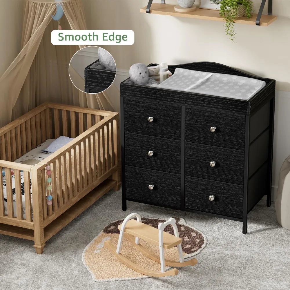 Black Changing Table Dresser with 6 Fabric Drawers