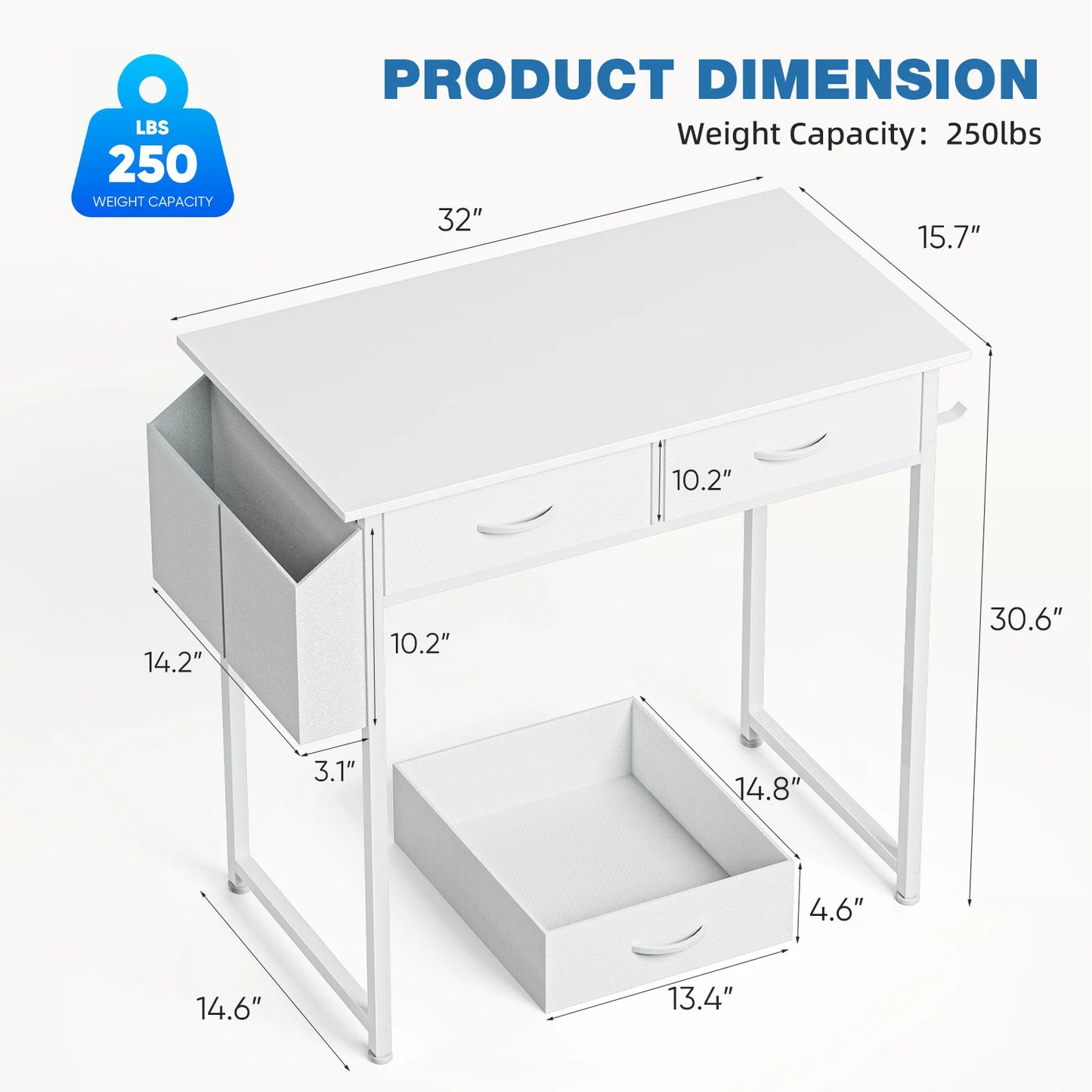 Modern 32 Inch Office Computer Desk with Fabric Storage Drawers and Side storage Bag Metal Frame Adjustable Feet For Home office or student PC Table