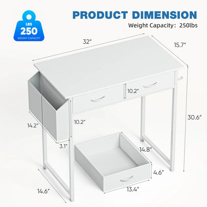 Modern 32 Inch Office Computer Desk with Fabric Storage Drawers and Side storage Bag Metal Frame Adjustable Feet For Home office or student PC Table