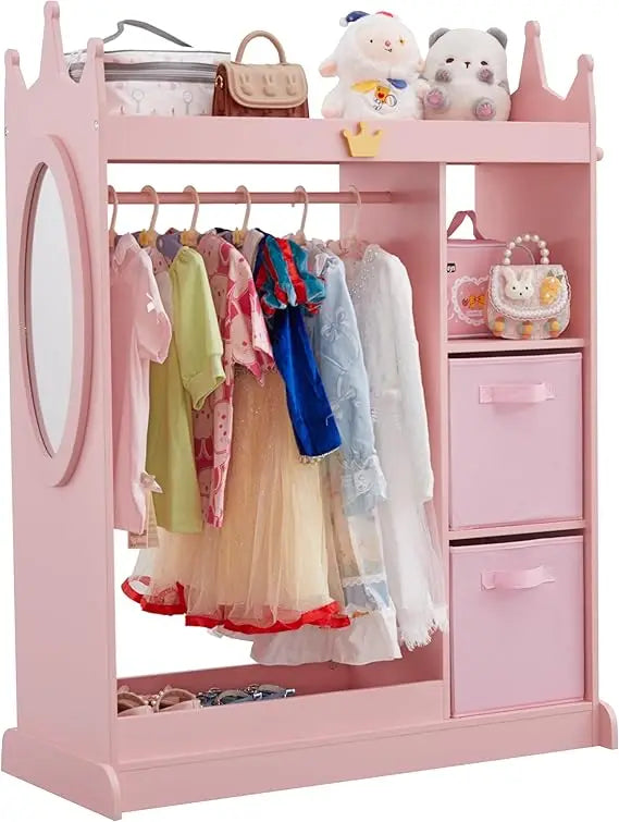 Kids Dress Up Storage Mirror w/ 2 Bins, Cloth Hanger - Kids Play Armoire Dresser Pretend Closet for Bedroom