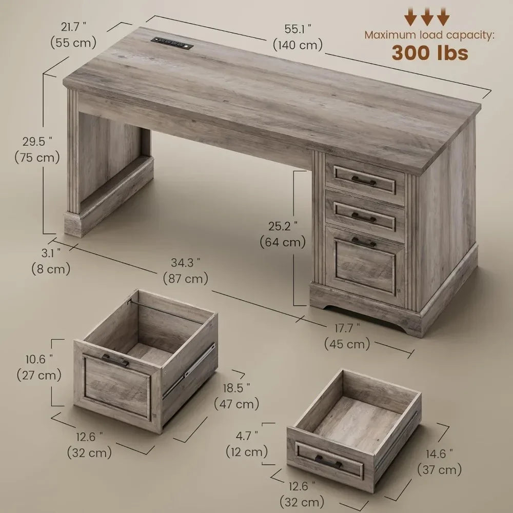 Farmhouse 55" Executive Desk, Computer Desk with Storage Drawers and Power Outlet