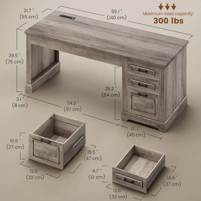 Farmhouse 55" Executive Desk, Computer Desk with Storage Drawers and Power Outlet
