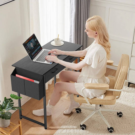 Modern 32 Inch Office Computer Desk with Fabric Storage Drawers and Side storage Bag Metal Frame Adjustable Feet For Home office or student PC Table