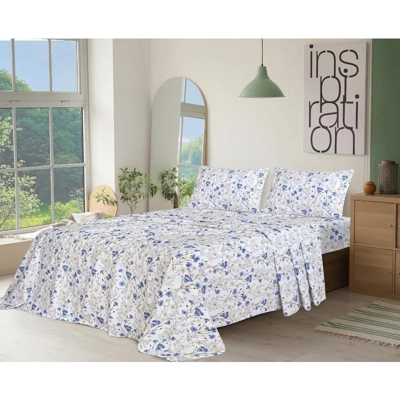 100% Percale Cotton Sheets Queen Size Set, 4 Pieces