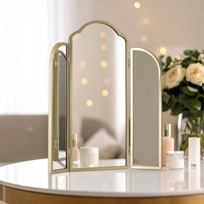 Trifold Adjustable Gold Vanity Mirror by Drew Barrymore. Large Arched Wall Mirror for Bathroom, Bedroom Makeup Dresser