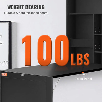 Space Saving Folding Computer Desk Table, Wall Mounted with Storage Area and Chalkboard for Home Office