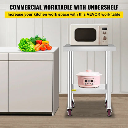 Stainless Steel Kitchen Worktable with shelves, Caster Wheels