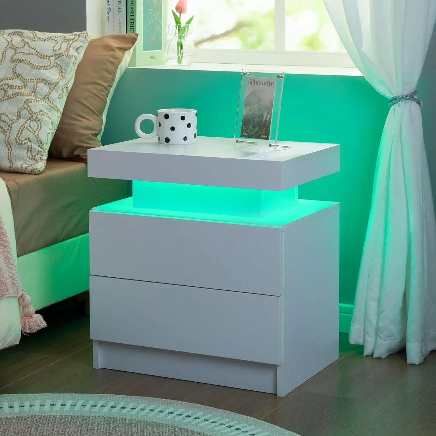 Set of 2 Nightstands with 2 Drawers and LED Light White. The built-in RGB LED strip light system has multi-color lights, 29 dynamic light modes,  a music sync mode, and a timer. The light brightness also can be adjusted.