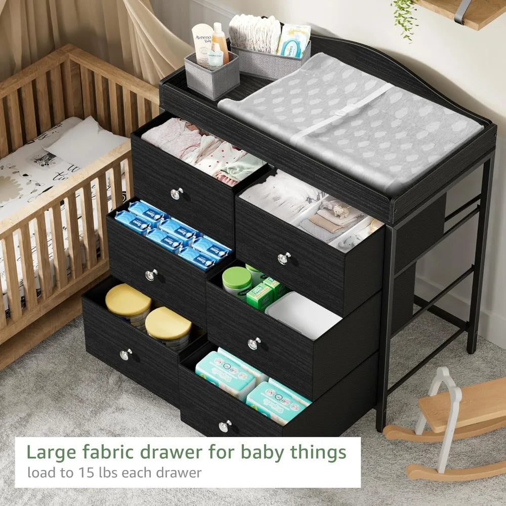 Black Changing Table Dresser with 6 Fabric Drawers