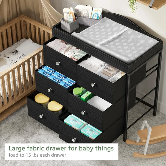 Black Changing Table Dresser with 6 Fabric Drawers