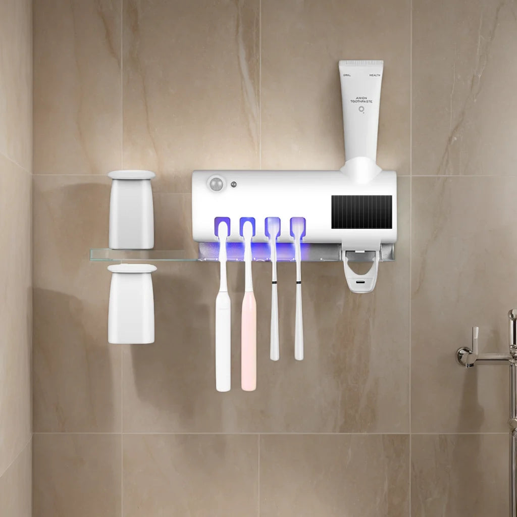 Wall mounted toothpaste dispenser with 4 toothbrush slots cleaning rack no drilling required