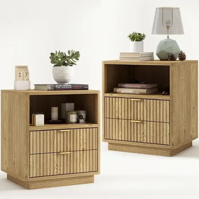 Fluted Nightstands Set of 2, Wooden Bedside Table 2 Drawers and Open Shelves
