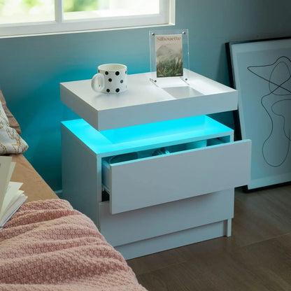 Set of 2 Nightstands with 2 Drawers and LED Light White. The built-in RGB LED strip light system has multi-color lights, 29 dynamic light modes,  a music sync mode, and a timer. The light brightness also can be adjusted.