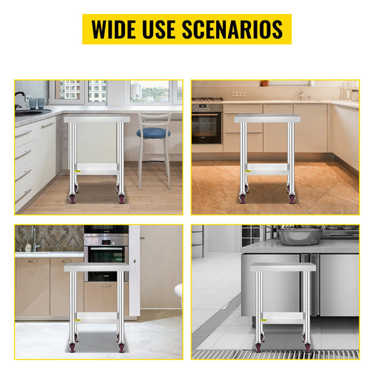 Stainless Steel Kitchen Worktable with shelves, Caster Wheels
