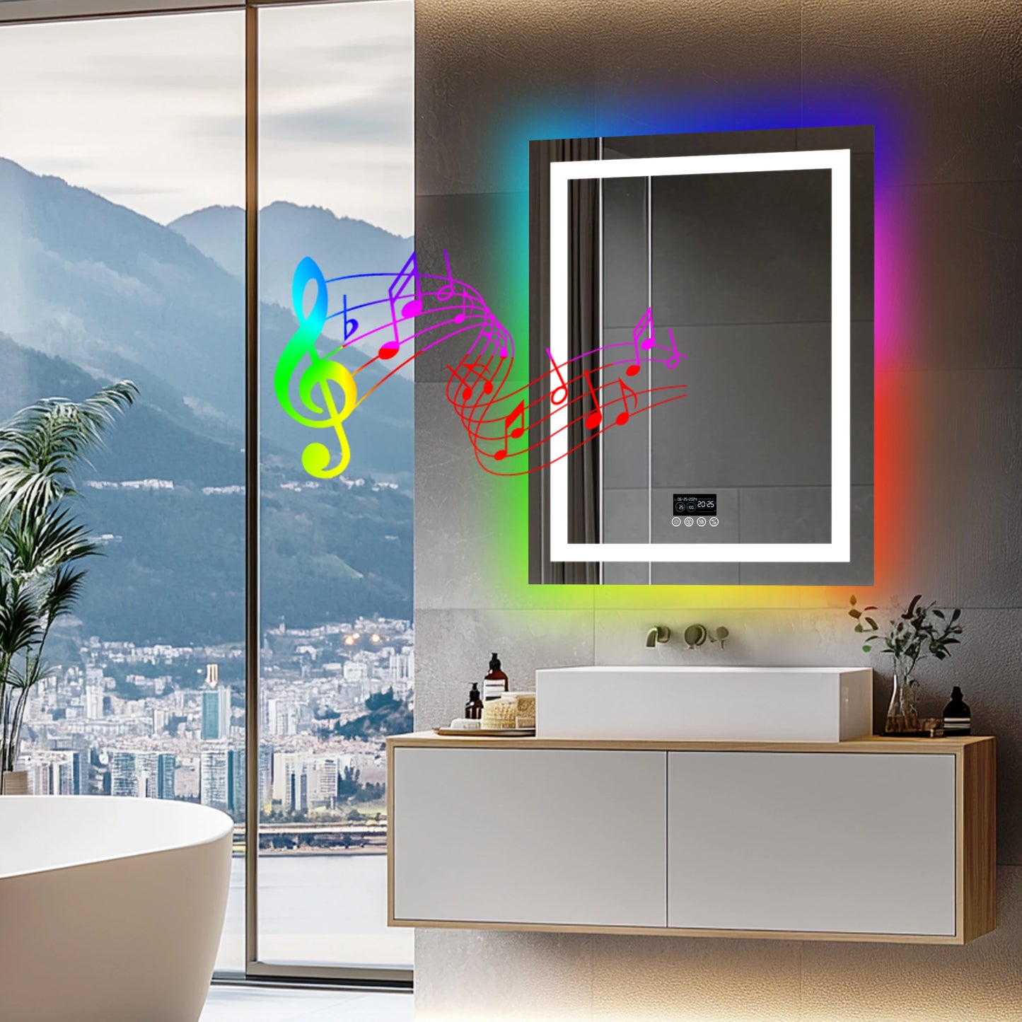 LED Lighted Bathroom Mirror with Bluetooth Speaker Smart LED Vanity Makeup Wall Mounted Mirrors 3 Lights Setting Anti-Fog RBG