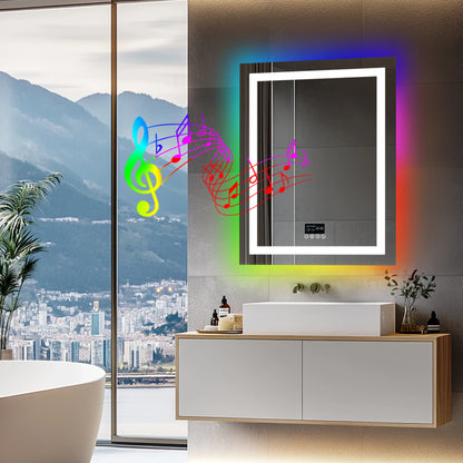 LED Lighted Bathroom Mirror with Bluetooth Speaker Smart LED Vanity Makeup Wall Mounted Mirrors 3 Lights Setting Anti-Fog RBG