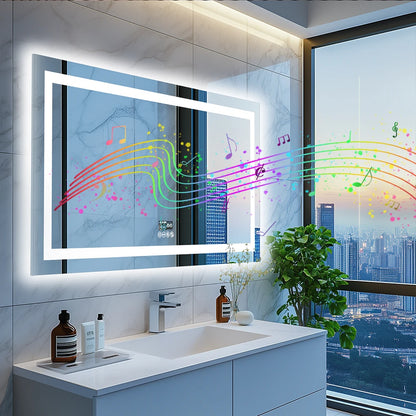 LED Lighted Bathroom Mirror with Bluetooth Speaker Smart LED Vanity Makeup Wall Mounted Mirrors 3 Lights Setting Anti-Fog RBG
