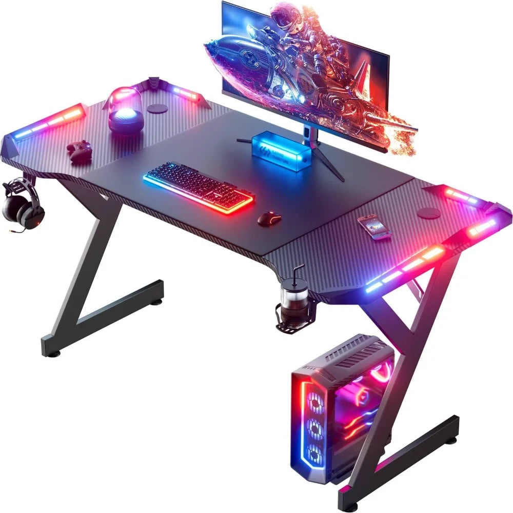 Ergonomic 47 Inch PC Workstation with Carbon Fiber Surface plus Gaming Desk with LED Lights,