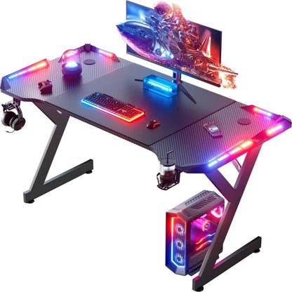 Ergonomic 47 Inch PC Workstation with Carbon Fiber Surface plus Gaming Desk with LED Lights,