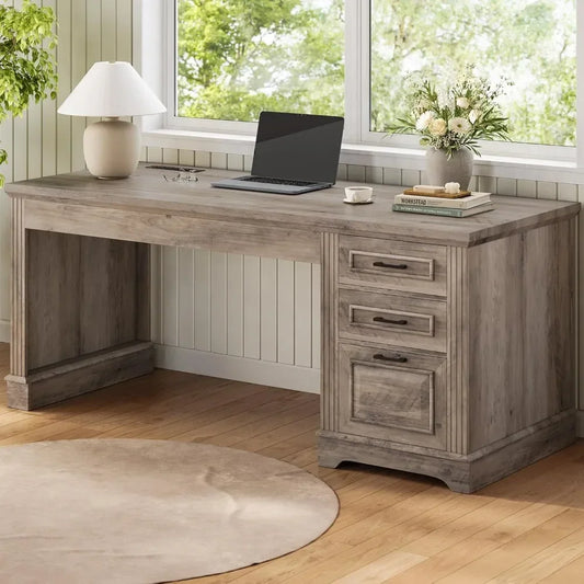 Farmhouse 55" Executive Desk, Computer Desk with Storage Drawers and Power Outlet
