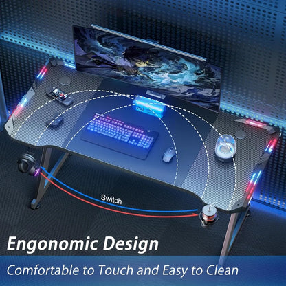 Ergonomic 47 Inch PC Workstation with Carbon Fiber Surface plus Gaming Desk with LED Lights,