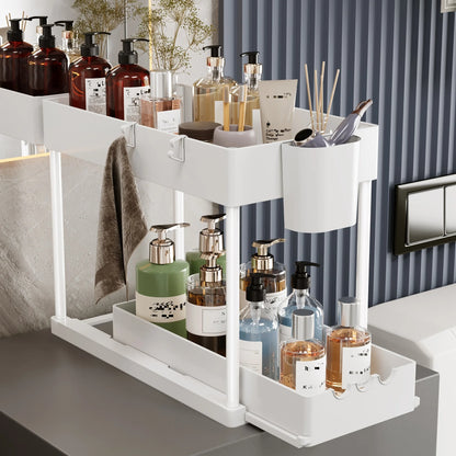2Pcs 2-Tier Sliding Cabinet Organizer for Kitchen and Bathroom Storage