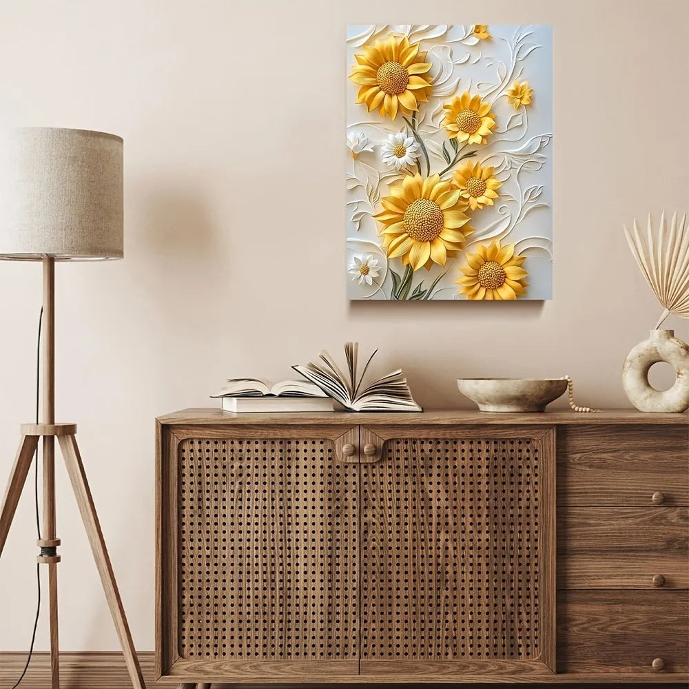 Vivid yellow 3D relief sunflower canvas art with wood frame