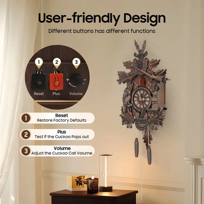 Wooden Cuckoo Clock with Pendulum and Automatic Bird Chiming for Living Room Kitchen Office Wall Decor Silent Quartz Movement