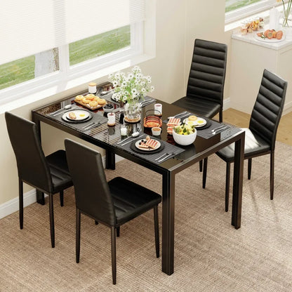 Glass Dining Table with 4 Leather Chairs