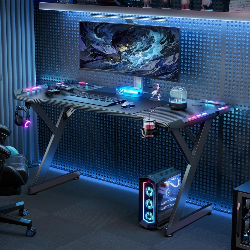 Ergonomic 47 Inch PC Workstation with Carbon Fiber Surface plus Gaming Desk with LED Lights,
